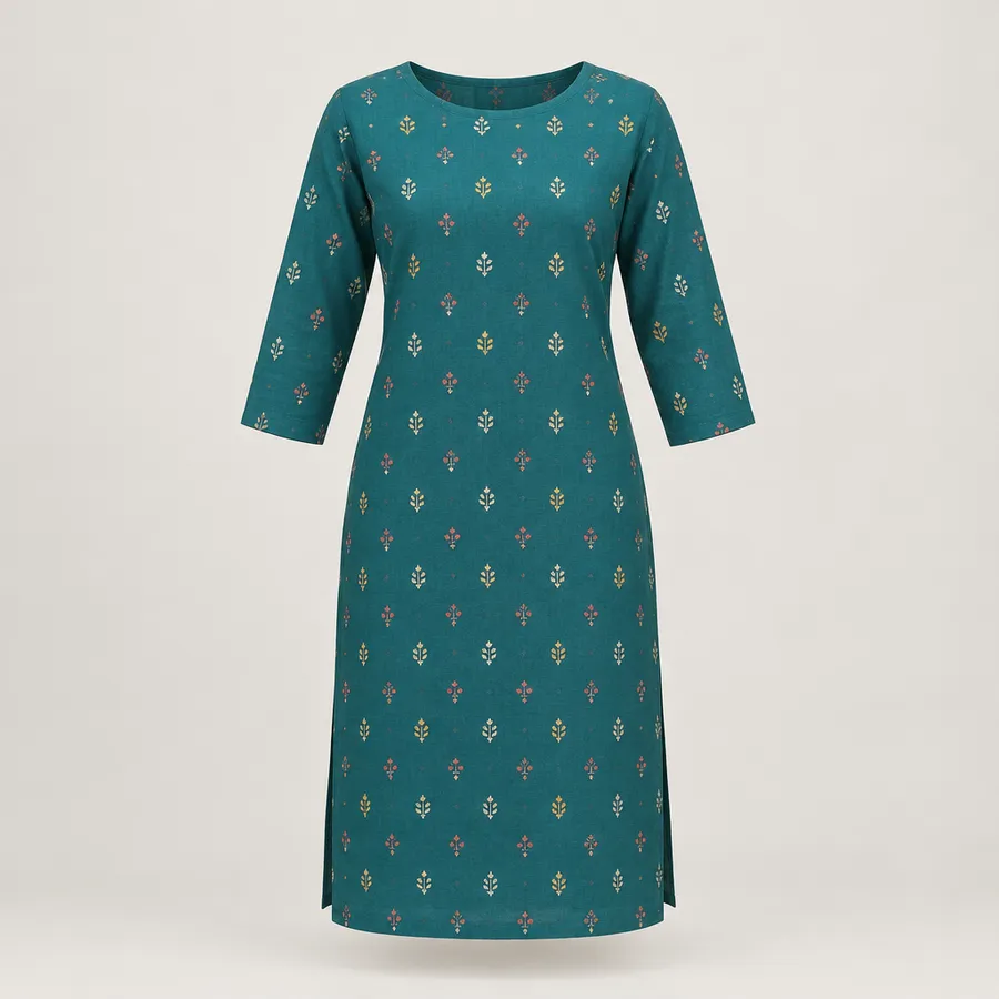 Rangdhonu Wear Teal Printed Cotton Kurti, Size M