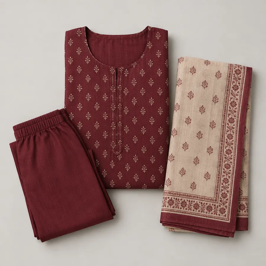 Urbanex Printed Cotton Three-Piece, Burgundy